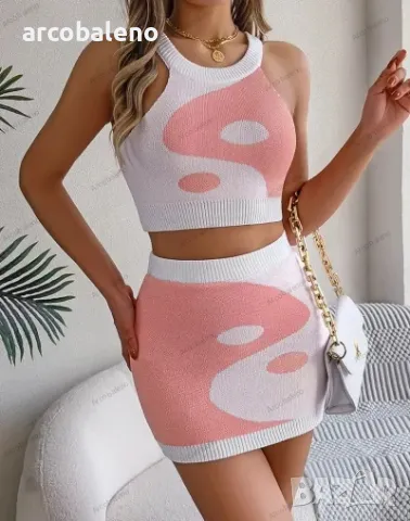 Дамски трикотажен комплект с оголен корем и пола в контрастен цвят, 3цвята , снимка 18 - Комплекти - 48445847