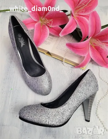 Сребърни дамски обувки на ток номер 38 , снимка 2 - Дамски обувки на ток - 49188641