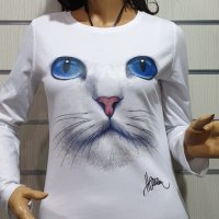 Нова дамска блуза с дълъг ръкав с 3D принт Котка със сини очи, снимка 1 - Блузи с дълъг ръкав и пуловери - 30655539