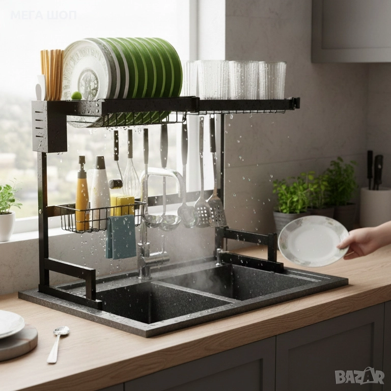 Двуетажен сушилник за съдове с поставка за дъска за рязане, снимка 1