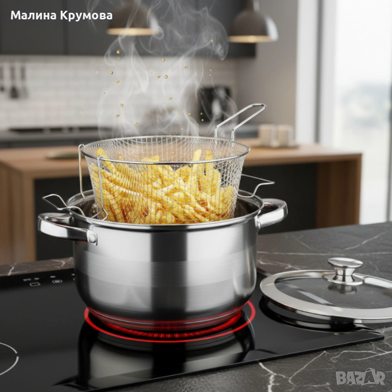 Тенджера с кошница за пържене и стъклен капак Cheffinger  Ø24 см – инокс, 6,5 л, за всички котлони, снимка 1