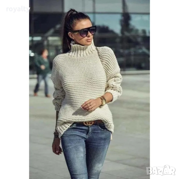 Плетен пуловер с висока яка, снимка 1