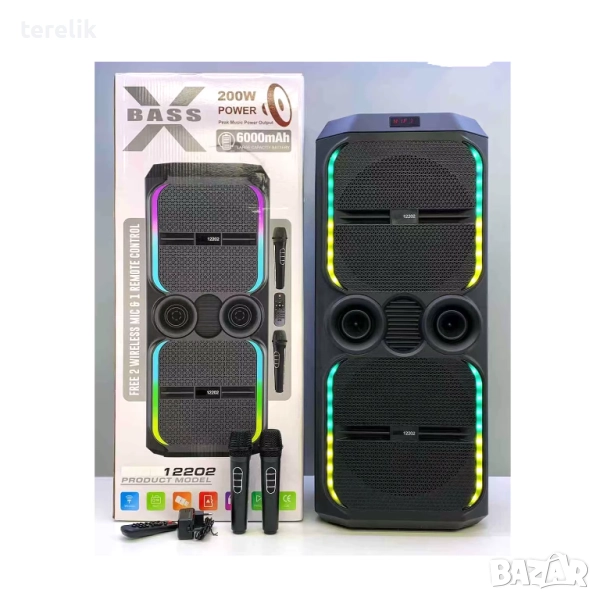 🔊 ABS-12202 – 12”×2 Xbass 200W 6000mah-50лв Професионална караоке тонколона, Bluetooth, 2 микрофонa, снимка 1