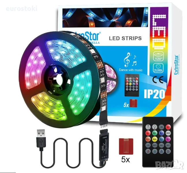RGB LED ленти Extrastar с дистанционно управление, захранване през USB, 3M LED лентата е проектирана, снимка 1