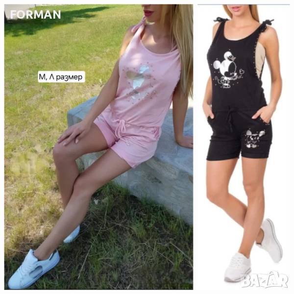 РОЗОВ и ЧЕРЕН гащеризон от еластично трико със сребриста щампа Мики Маус и кабсички, снимка 1