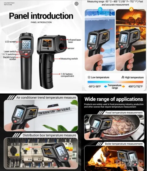Термодетектор Пирометър Безконтактен Термограф Инфрачервен Термометър с Лазерно Насочване -50°~400°C, снимка 1