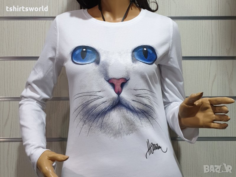 Нова дамска блуза с дълъг ръкав с 3D принт Котка със сини очи, снимка 1