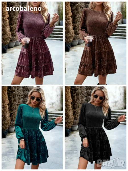 Дамска елегантна кадифена рокля с кръгло деколте, 4цвята , снимка 1