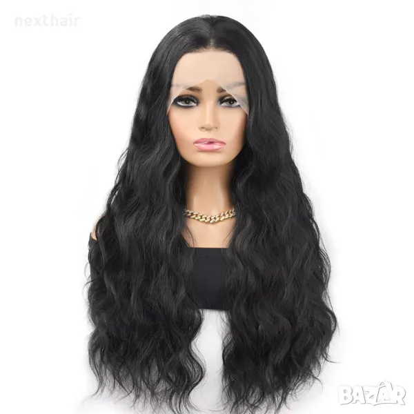 Черна къдрава синтетична перука с дантела 13*4*1 Лейс Фронт, снимка 1
