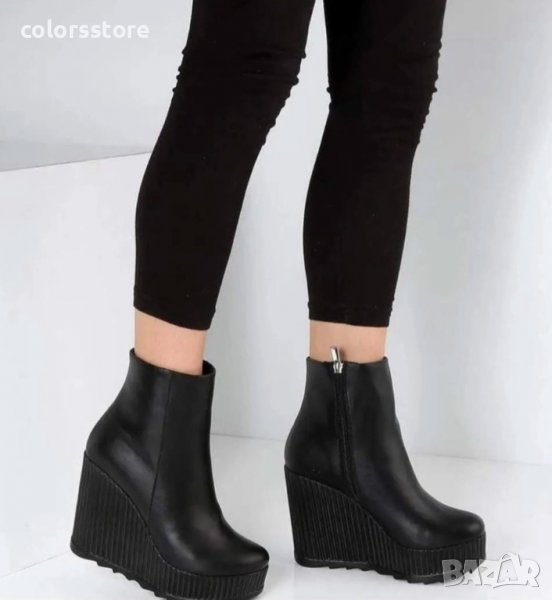 Боти на платформа - черна кожа - BNP1, снимка 1
