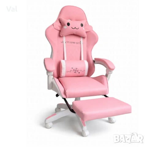 Ергономичен розов геймърски стол с поставка за крака - регулируема облегалка и 2 възглавници , снимка 7 - Столове - 53962162