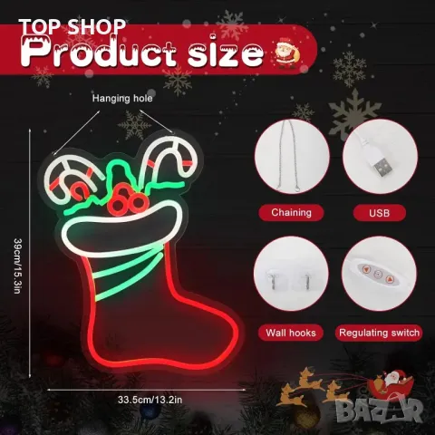 Коледна LED неонова табела WingFly, с USB захранване (коледен чорап), снимка 2 - Декорация за дома - 49500277