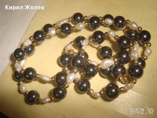 ФИНО КОЛИЕ с ШЛИФОВАН ХЕМАТИТ ТОПЧЕТА и ЕСТЕСТВЕНИ РЕЧНИ ПЕРЛИ и ЗЛАТИСТИ МЪНИСТА 27965, снимка 3 - Колиета, медальони, синджири - 37127977