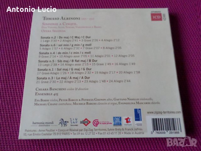 Albinoni - Sinfonie a Cinque op.2 - Ensemble 415 - Chiara Banchini, снимка 3 - CD дискове - 35288156