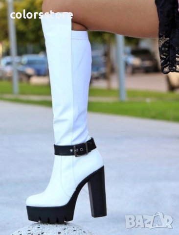 Ботуши на ток - бяла кожа с черно ходило - 105-19, снимка 2 - Дамски ботуши - 38255466