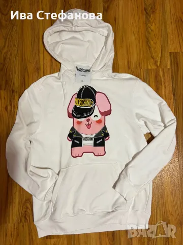 Оригинална бяла блуза Moschino 100 % памук памучна универсален размер суичър суитшърт с качулка, снимка 3 - Суичъри - 48091949