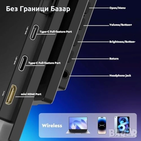 Нов 15.6" Безжичен преносим монитор с батерия 1080P IPS 60Hz, Втори екран, снимка 6 - Друга електроника - 53374389
