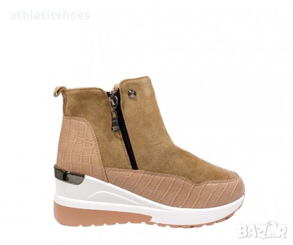 Дамски боти на платформа от еко кожа и велур с цип -2103