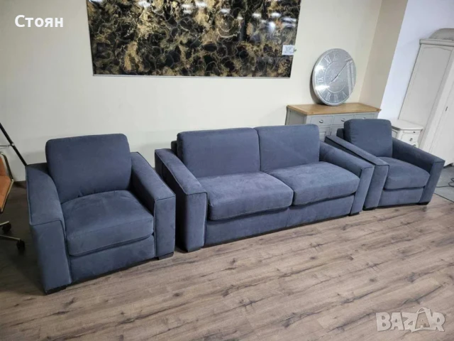 Сив комплект от плат набук диван тройка с функция сън и два фотьойла, снимка 7 - Дивани и мека мебел - 50886856