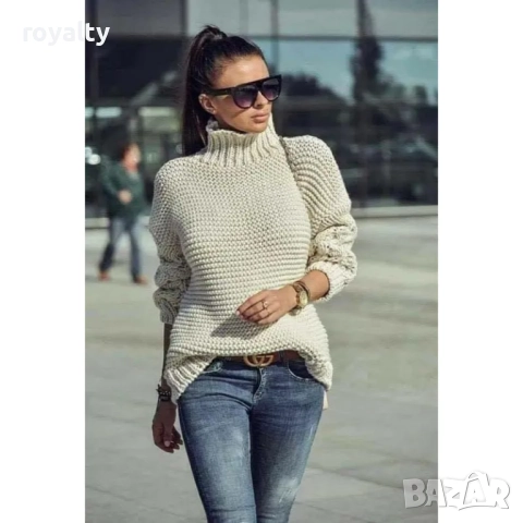 Плетен пуловер с висока яка