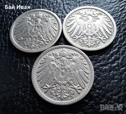 Стара монета 5 пфенига 1908 г. букви A , D и F - Германия -три разновидности !, снимка 4 - Нумизматика и бонистика - 39779148