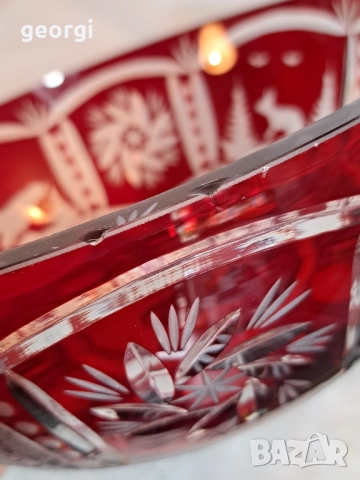 голяма кристална купа с ловни мотиви Bohemia рубинен кристал , снимка 12 - Декорация за дома - 51951133