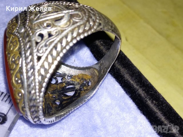 ОГРОМЕН СТАР ТУРСКИ СРЕБЪРЕН СКЪПОЦЕНЕН РЕТРО ПРЪСТЕН СРЕБРО 925 с ПОЛИРАН КАРНЕОЛ в ПОЗЛАТА 30747, снимка 6 - Антикварни и старинни предмети - 40575365