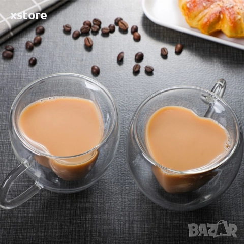 Двустенна стъклена термо чаша във формата на сърце, снимка 2 - Чаши - 52695227