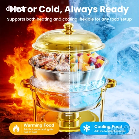 Комплект за бюфет WARMOUNTS 6L Gold Chafing Dish, 2 броя, кръгли затоплящи чинии с капак, снимка 3 - Сервизи - 54327891