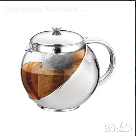 Стъклен чайник със стоманена платфорна и цедка 1.1L