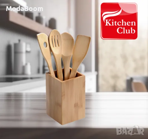 Екологичен комплект бамбукови кухненски прибори с поставка