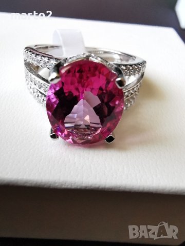 Сребърен 925 Пръстен с родиево покритие и красив натурален Розов Топаз и Циркони!