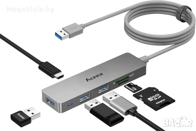 Aceele USB Hub 3.0 с 1.2 м кабел, 6-в-1 USB адаптер към 3 USB 3.0 разширения и четец за SD/TF карти