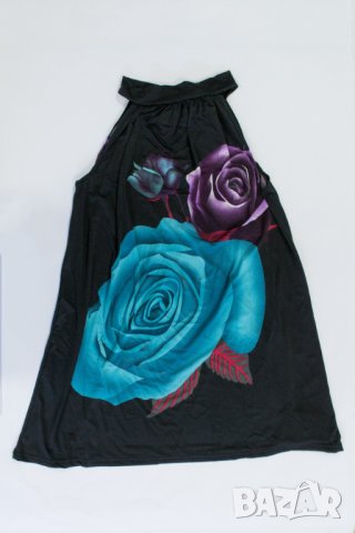 Черна рокля с ефектен флорален принт в цвят тюркоаз Ibiza line - S/M/L, снимка 2 - Рокли - 42819485
