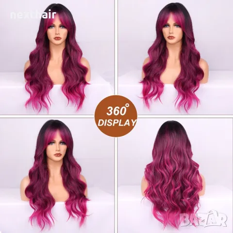 Омбре перука розово червена циклама с черни корени и бретон, снимка 6 - Аксесоари за коса - 47997798