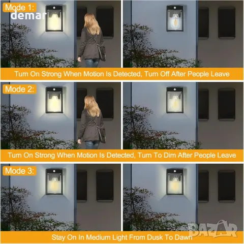 Соларни фенери за външна употреба 2 броя, Стенни аплици, Метални водоустойчиви, 3 режима, снимка 2 - Соларни лампи - 49025769