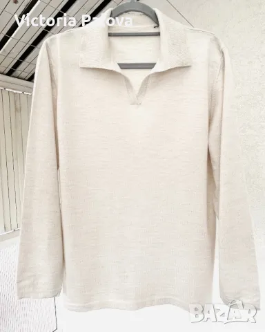 Блуза с якичка стил OLD MONEY светъл беж, снимка 4 - Блузи с дълъг ръкав и пуловери - 48905182