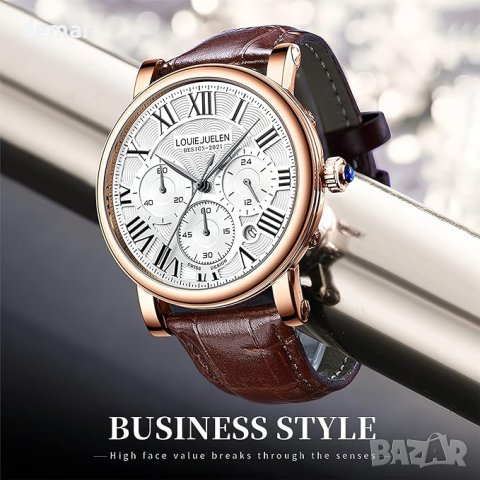 eYotto Мъжки ръчен часовник стилен кварцов от неръждаема стомана с каишка от естествена кожа, снимка 5 - Мъжки - 44496702