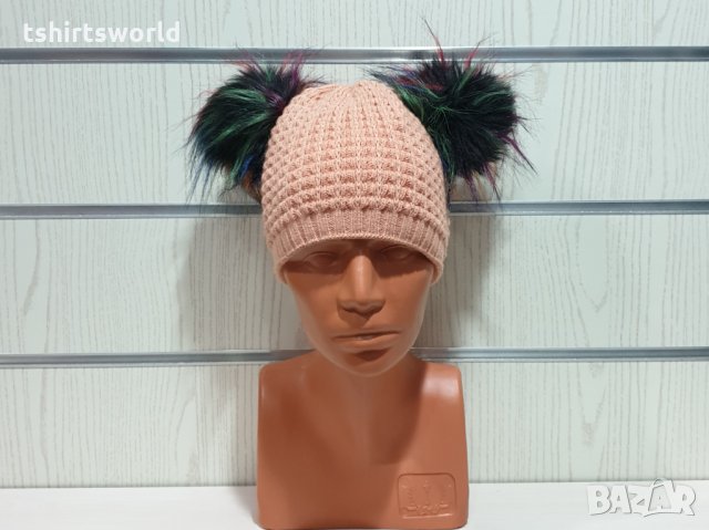 Нова зимна розова дамска шапка с 2 цветни помпона/пуха , снимка 8 - Шапки - 30961836