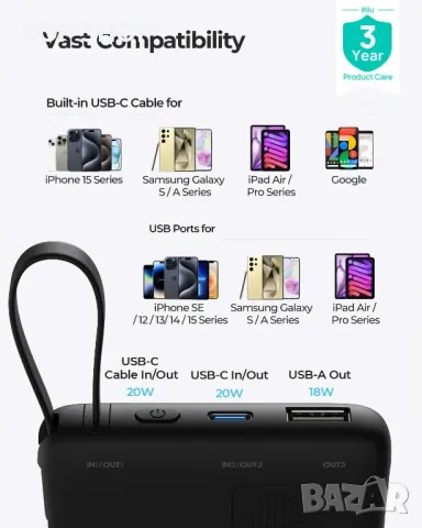 Външна батерия INIU, 10000 mAh Power Bank с изходно-входен USB-C кабел, 20 W, P61L-E1, снимка 5 - Външни батерии - 49511688