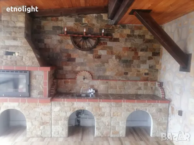 Рафт лампи с автентични реставрирани колела от каруца с ръчно изработени дървени чашки , снимка 7 - Лампи за стена - 49968895