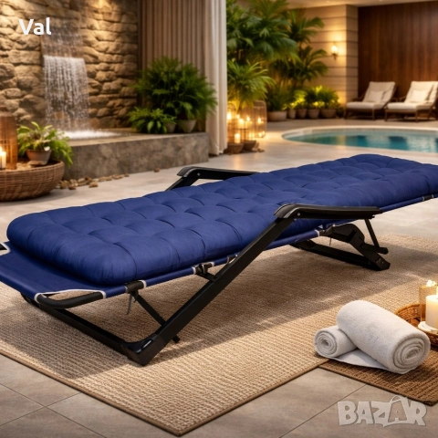 Сгъваем градински шезлонг, регулируем, със синя ватирана възглавница и дишаща материя, 178 см, снимка 4 - Градински мебели, декорация  - 53891509