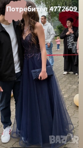Тъмносиня бална рокля с лилави детайли и гол гръб XS/S размер , снимка 6 - Рокли - 53922965