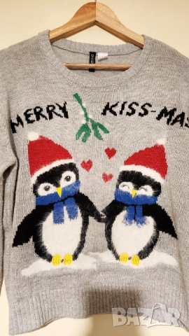 Коледен пуловер сив с пингвини, снимка 2 - Блузи с дълъг ръкав и пуловери - 53157328