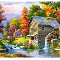 Къщи сред река и воденица  5D гоблен диамантен гоблен картина мозайка за направа по схема с камъче, снимка 1 - Гоблени - 29275011
