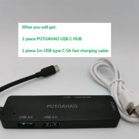 PUTOAHAO USB-C HUB Type C към USB 3.0 адаптер 5-в-1 TF/SD карта/MacBook Pro/iPad Pro/Notebook/PC , снимка 2 - Кабели и адаптери - 40584434
