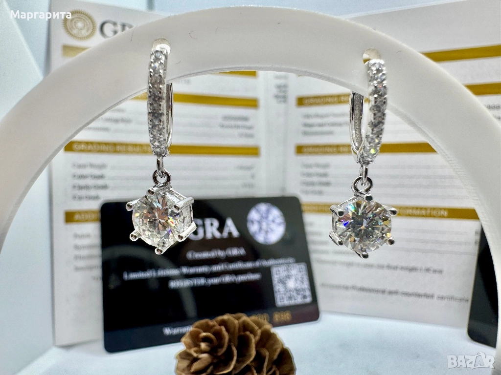 Сребърни обеци с мойсанит (диамант) 1 карат , снимка 1