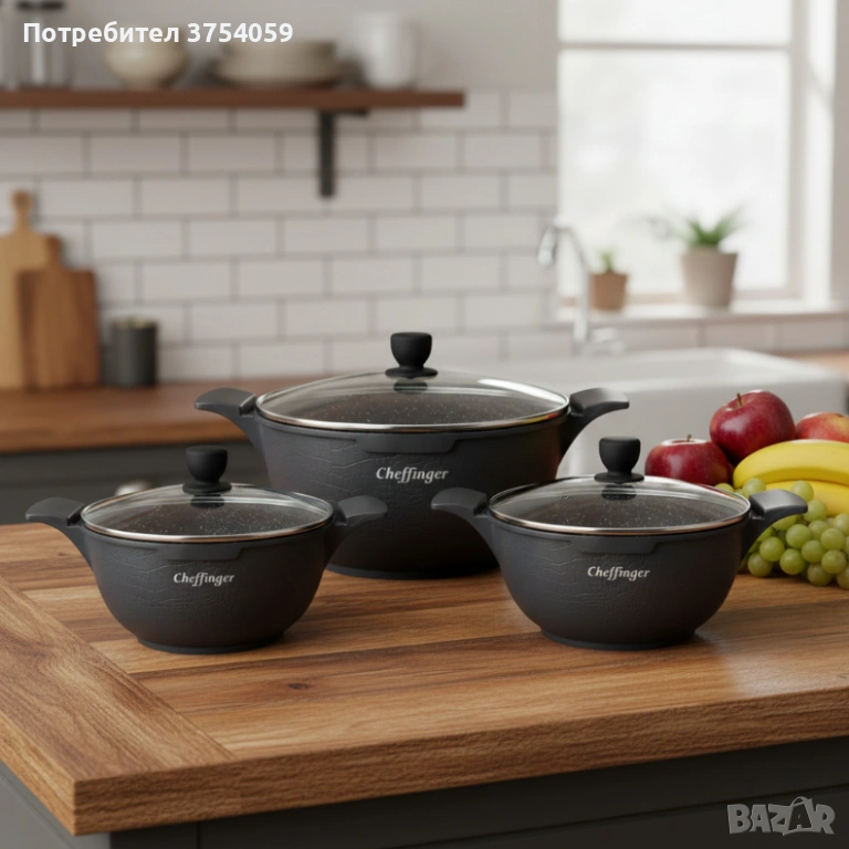 Комплект от 3 тенджери Cheffinger с мраморно покритие 20/24/28 см с капаци – незалепващи съдове за в, снимка 1