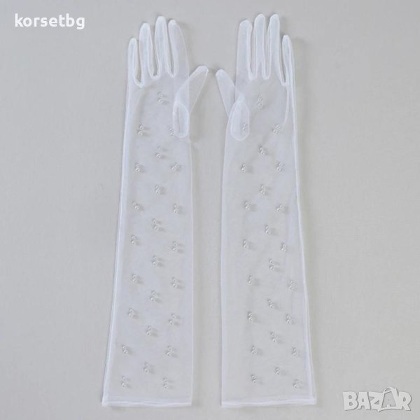 Прозрачни дълги бели булчински ръкавици с перли - код 8624, снимка 1