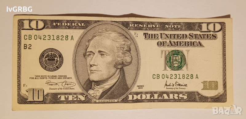 10 долара САЩ 2001 Старият вариант ,, ГОЛЯМА ГЛАВА "  , банкнота от Америка , снимка 1